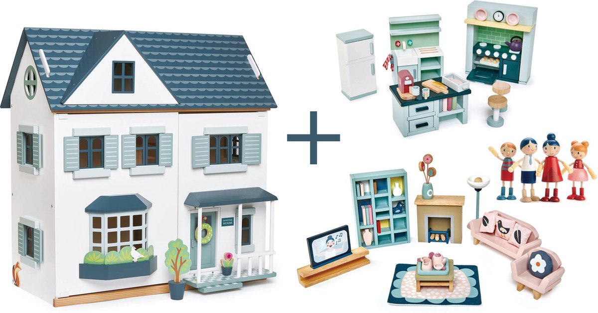 [C] Tender Leaf uniek houten poppenhuis Dovetail XL in neutrale kleuren inclusief houten poppen familie - woonkamer meubeltjes en keuken meubels- 68 x 70 cm